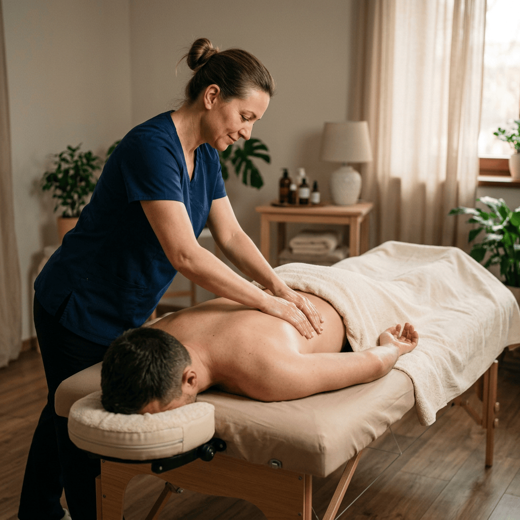 Therapist massaging the back of a person lying face down on a massage table.